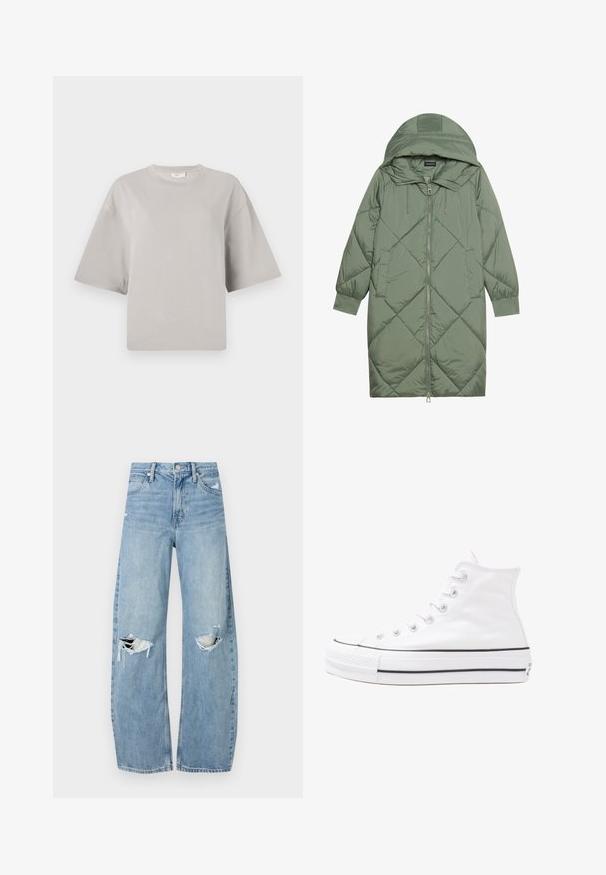 Zelený prešívaný páperový kabát s kapucňou, so zipsovým uzáverom vpredu a dvoma bočnými vreckami. Po celom povrchu je textúrovaný diamantový vzor.; Svetlo šedé bavlnené tričko s voľným strihom, krátkymi rukávmi a okrúhlym výstrihom. Hladká textura, minimálne švy, bez vzorov alebo akcentov.; Svetlomodré, vysoké džínsy vyrobené z denimu. Majú široké nohavice, dve roztrhnuté kolená a klasický päťvreckový strih.; Biele vysoké plátené tenisky s čiernou gumovou podošvou, prednou gumovou špičkou a šiestimi okami na šnúrky, s čistým, minimalistickým dizajnom.