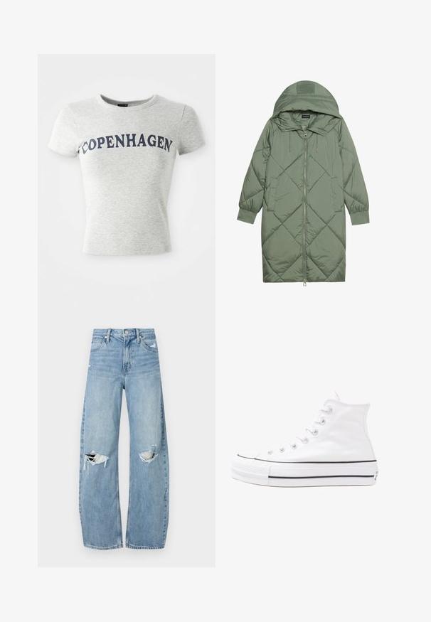 Quiltet lang grønn pufferjakke med hette, med en frontglidelås og to sidelommer. Teksturerte diamantmønster overalt.; Lys grå t-skjorte med korte ermer og rund hals, med "COPENHAGEN" trykt i store mørkeblå bokstaver over brystet.; Lyseblå høytlivsjeans laget av denim. Har vide bein, to revne knær og klassisk fem-lommers design.; Hvit høy-skinn kanvas sneakers med svart gummisåle, gummitåhette foran og seks hull for snorer, med et rent, minimalistisk design.