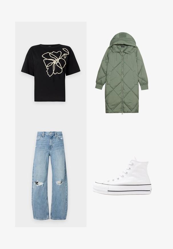 Quilted long green puffer coat with a hood, featuring a front zipper closure and two side pockets. Textured diamond pattern throughout.; Black short-sleeve t-shirt with a floral design in textured cream embroidery on the front, featuring a relaxed fit and crew neck.; Light blue, high-waisted jeans made of denim. Feature wide legs, two torn knee areas, and classic five-pocket styling.; White high-top canvas sneaker with black rubber sole, front rubber toe cap, and six eyelets for laces, featuring a clean, minimalist design.