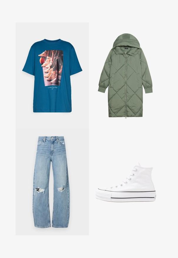 Steppelt, hosszú zöld pufikabát kapucnival, elöl cipzáras záródással és két oldalsó zsebből áll. Az anyagon teljes hosszában váltakozó gyémántmintázat található.; Türkiz színű póló, amelyen kosárlabda cipőkről és lábakról készült grafika látható, mellette egy kosárlabda, a felirattal: "Teljesen új játékterv" és a Nike logó.; Világoskék, magas derekú farmernadrág. Széles lábakkal, két szakadt térddel és klasszikus öt zsebes dizájnnal rendelkezik.; Fehér magaskorsó vászon sportcipő fekete gumi talppal, elülső gumi orrnyereggel és hat fűzőlyukkal, letisztult, minimalista dizájnnal.