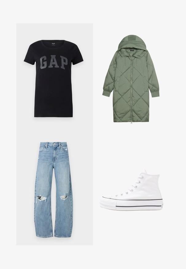 Quilted long green puffer coat with a hood, featuring a front zipper closure and two side pockets. Textured diamond pattern throughout.; Black short-sleeve t-shirt made of cotton with a round neck. Features a bold gray "GAP" logo printed across the front.; Light blue, high-waisted jeans made of denim. Feature wide legs, two torn knee areas, and classic five-pocket styling.; White high-top canvas sneaker with black rubber sole, front rubber toe cap, and six eyelets for laces, featuring a clean, minimalist design.