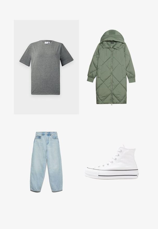 Izšūts garš zaļš pūšļa mētelis ar kapuci, ar priekšējo rāvējslēdzēju un divām sānu kabatām. Visā virsmā ir teksturēta dimanta raksts.; Pelēks, īss piedurkņu T-krekls, izgatavots no mīksta kokvilnas maisījuma. Apaļš kakla izgriezums, brīvs piegriezums ar gludu tekstūru un minimālu dizainu.; Gaiši zilas denima bikses ar brīvu piegriezumu, augstu jostasvietu un plašiem legiem, ar nedaudz izbalējušu tekstūru un klasisku piecu kabatu dizainu.; Balti augstie kanvas sporta apavi ar melnu gumijas zoli, priekšējo gumijas purngalu un sešām acīm lencēm, kuriem ir tīrs, minimālistisks dizains.