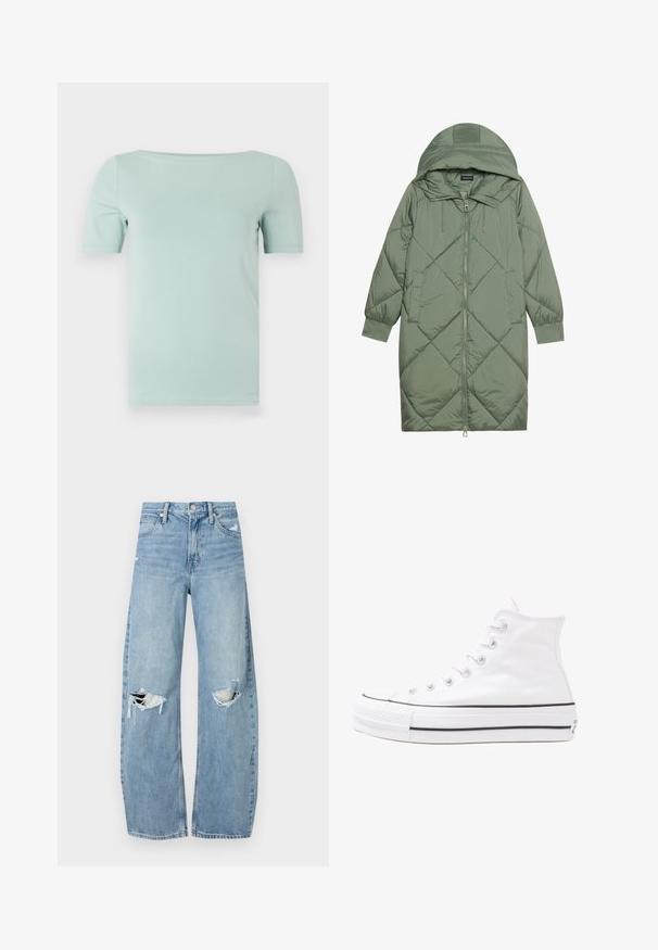 Zelený prešívaný páperový kabát s kapucňou, so zipsovým uzáverom vpredu a dvoma bočnými vreckami. Po celom povrchu je textúrovaný diamantový vzor.; Mentolová tričko s krátkym rukávom a okrúhlym výstrihom, vyrobené z hladkej látky. Má klasický strih a jednoduchý, čistý dizajn bez ozdôb.; Svetlomodré, vysoké džínsy vyrobené z denimu. Majú široké nohavice, dve roztrhnuté kolená a klasický päťvreckový strih.; Biele vysoké plátené tenisky s čiernou gumovou podošvou, prednou gumovou špičkou a šiestimi okami na šnúrky, s čistým, minimalistickým dizajnom.