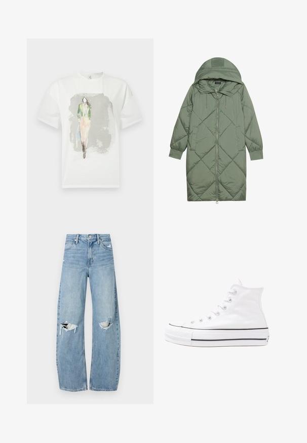 Gequiltede lange groene pufferjas met een capuchon, met een ritssluiting aan de voorkant en twee zijzakken. Gelaagd ruitpatroon overal.; Witte T-shirt met een aquarelillustratie van een figuur in een groene blazer en een roze rok tegen een grijze achtergrond. Korte mouwen.; Lichtblauwe, hooggeritste jeans van denim. Beschikken over wijde pijpen, twee gescheurde knievalken en klassieke vijfzakken styling.; Witte high-top canvas sneakers met een zwarte rubberen zool, een rubberen neuskap aan de voorkant en zes gaatjes voor veters, met een schone, minimalistische uitstraling.