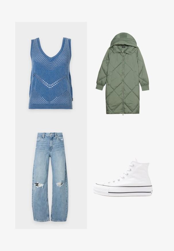 Zelený prešívaný páperový kabát s kapucňou, so zipsovým uzáverom vpredu a dvoma bočnými vreckami. Po celom povrchu je textúrovaný diamantový vzor.; Modrý pletený top na ramienka s hlbokým V-výstrihom, chevronovým vzorom a otvoreným sieťkovým dizajnom. Okraje majú pevnú pletenú úpravu.; Svetlomodré, vysoké džínsy vyrobené z denimu. Majú široké nohavice, dve roztrhnuté kolená a klasický päťvreckový strih.; Biele vysoké plátené tenisky s čiernou gumovou podošvou, prednou gumovou špičkou a šiestimi okami na šnúrky, s čistým, minimalistickým dizajnom.