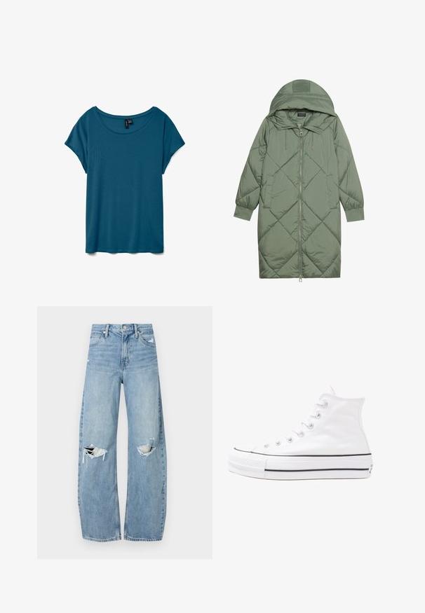 Prošívaný dlouhý zelený péřový kabát s kapucí, který má přední zip a dvě boční kapsy. Po celém povrchu je texturovaný diamantový vzor.; Tyrkysové tričko s krátkým rukávem a kulatým výstřihem, vyrobené z měkké tkaniny, s uvolněným střihem a hladkou strukturou.; Světle modré džíny s vysokým pasem vyrobené z denimu. Mají široké nohavice, dvě roztržené oblasti na kolenou a klasický pětikapsový střih.; Bílé vysoké plátěné tenisky s černou gumovou podrážkou, přední gumovou špičkou a šesti očky na tkaničky, se čistým, minimalistickým designem.