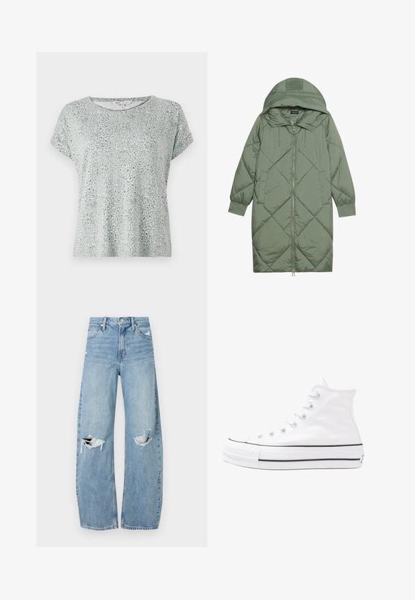 Quiltet lang grøn pufferjakke med hætte, med frontlynlås og to sidelommer. Teksturret diamantmønster over det hele.; Lys grøn t-shirt med leopardprint, rund halsudskæring, korte ærmer og blødt, tekstureret stof. Casual og løstsiddende design.; Lysblå, højtraljede jeans lavet af denim. Har brede ben, to huller ved knæene og klassisk fem-lommes stil.; Hvide høje kanvas sneakers med sort gummisål, gummitåhætte foran og seks øjehuller til snørebånd, der har et rent, minimalistisk design.