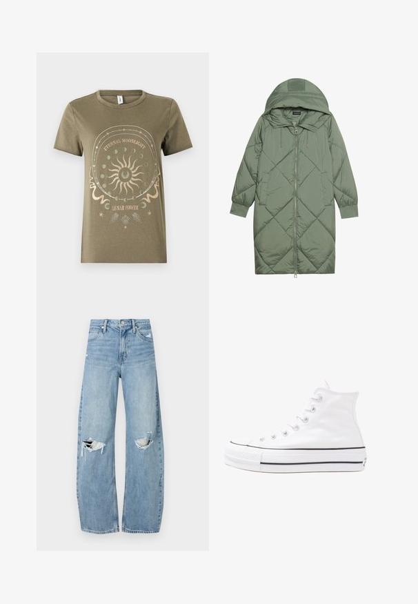 Pistetud pikk roheline puffermantel kapuutsiga, esiküljel tõmblukuga ja kahe küljetaskuga. Kogu pinnal on struktureeritud rombikujundus.; Kerge oliivroheline puuvillane T-särk lühikeste varrukatega, ümmarguse kaelusega, millel on ümmargune kuu-teemaline graafika, millel on metallik kuldsed ja valged detailid.; Heledad hallideega sinised teksad, millel on kõrge talje. Teksade jalgadel on lai alus, kaks rebitud kohta põlvede ümber ning klassikaline viie tasku stiil.; Valge kõrgem kangast tenniseking, millel on must kummist tald, ees kummist varvasetugi ja kuus aukku paelte jaoks, pakkudes puhta ja minimalistliku disaini.