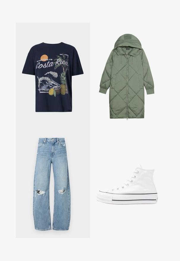 Pistetud pikk roheline puffermantel kapuutsiga, esiküljel tõmblukuga ja kahe küljetaskuga. Kogu pinnal on struktureeritud rombikujundus.; Tumesinine puuvillane T-särk, millel on "Tere tulemast Costa Ricasse" graafika, mis on kombineeritud lainete, palmi, ananassi ja kookose illustreeritud piltidega.; Heledad hallideega sinised teksad, millel on kõrge talje. Teksade jalgadel on lai alus, kaks rebitud kohta põlvede ümber ning klassikaline viie tasku stiil.; Valge kõrgem kangast tenniseking, millel on must kummist tald, ees kummist varvasetugi ja kuus aukku paelte jaoks, pakkudes puhta ja minimalistliku disaini.