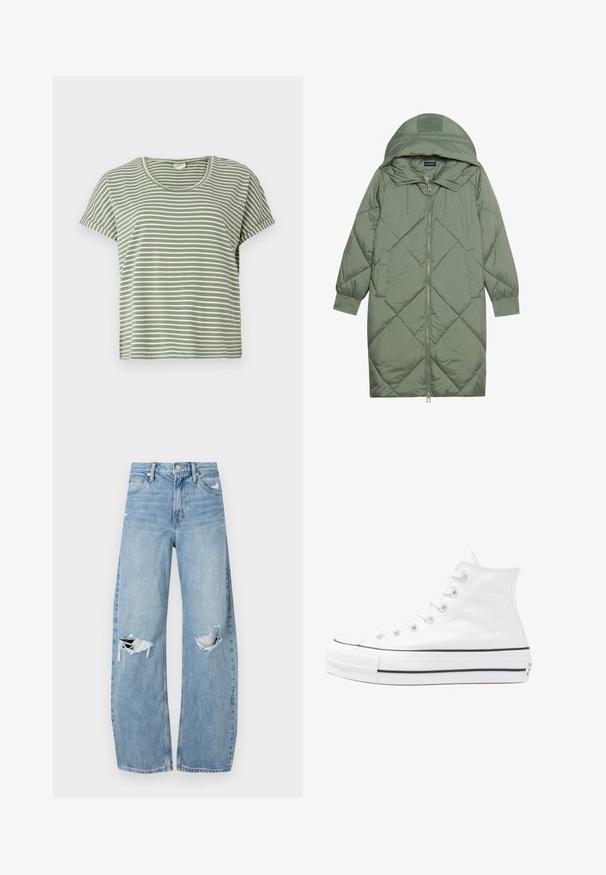 Quiltuotas ilgas žalias pūkinis paltas su kapuce, turintis priekinį užtrauktuką ir dvi šonines kišenes. Visame paviršiuje yra tekstūrinis rombų raštas.; Žalias juostuotas marškinėliai, trumpomis rankovėmis, su apvalia iškirpte, pagaminti iš minkštos medžiagos. Yra pakaitomis baltos ir žalios juostos.; Šviesiai mėlynos, aukštu juosmeniu džinsai pagaminti iš džinsinio audinio. Turi plačias kojų kelnes, dvi suplėšytas kelio vietas ir klasikinį penkių kišenių dizainą.; Balti aukštakulniai drobės sportbačiai su juodu guminio pado, priekinio guminio piršto dangteliu ir šešiais akytėmis raištams, pasižymintys švariu, minimalistiniu dizainu.