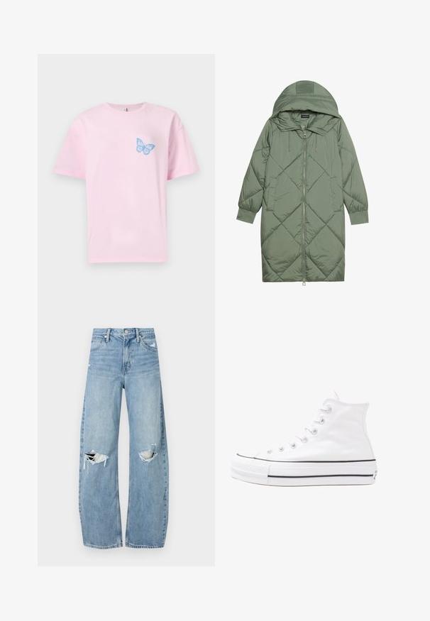 Quiltuotas ilgas žalias pūkinis paltas su kapuce, turintis priekinį užtrauktuką ir dvi šonines kišenes. Visame paviršiuje yra tekstūrinis rombų raštas.; Rožinė medvilninė marškinė su laisvu kirpimu, ant kairiojo krūtinės šono puikuojasi mėlynos drugelio grafika. Trumpomis rankovėmis ir apvaliu iškirpimu.; Šviesiai mėlynos, aukštu juosmeniu džinsai pagaminti iš džinsinio audinio. Turi plačias kojų kelnes, dvi suplėšytas kelio vietas ir klasikinį penkių kišenių dizainą.; Balti aukštakulniai drobės sportbačiai su juodu guminio pado, priekinio guminio piršto dangteliu ir šešiais akytėmis raištams, pasižymintys švariu, minimalistiniu dizainu.