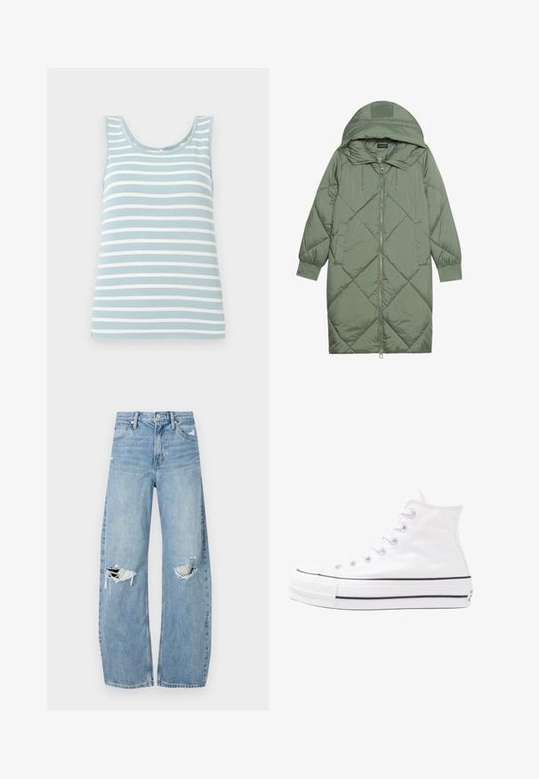 Prošívaný dlouhý zelený péřový kabát s kapucí, který má přední zip a dvě boční kapsy. Po celém povrchu je texturovaný diamantový vzor.; Světle modré tílko s bílými vodorovnými pruhy, vyrobené z měkké tkaniny. Má kulatý výstřih a bezrukávový design.; Světle modré džíny s vysokým pasem vyrobené z denimu. Mají široké nohavice, dvě roztržené oblasti na kolenou a klasický pětikapsový střih.; Bílé vysoké plátěné tenisky s černou gumovou podrážkou, přední gumovou špičkou a šesti očky na tkaničky, se čistým, minimalistickým designem.
