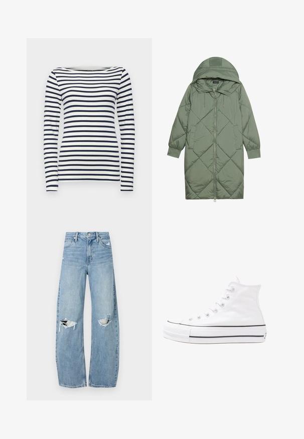 Manteau matelassé long vert avec capuche, doté d'une fermeture éclair à l'avant et de deux poches latérales. Motif en losanges texturé sur toute sa surface.; T-shirt à manches longues rayé en bleu marine et blanc, avec un col rond et une coupe ajustée. Tissu lisse avec des rayures horizontales.; Jeans en denim bleu clair à taille haute. Présentent des jambes larges, deux zones déchirées aux genoux et un style classique à cinq poches.; Baskets montantes en toile blanche avec semelle en caoutchouc noir, capuchon en caoutchouc à l'avant, et six œillets pour les lacets, présentant un design épuré et minimaliste.