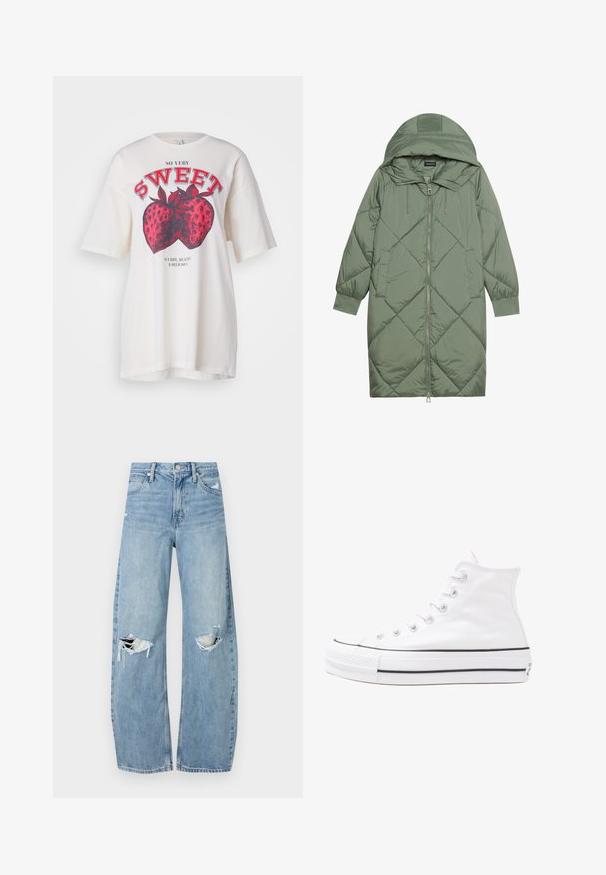 Κοντό πράσινο πούπερ μπουφάν με κουκούλα, διαθέτοντας κεντρικό φερμουάρ και δύο πλαϊνές τσέπες. Υφασμάτινο σχέδιο με ρόμβους σε όλη την επιφάνεια.; Λευκό βαμβακερό t-shirt με μεγάλο γραφικό κόκκινης φράουλας και κείμενο "ΤΟΣΟ ΠΟΛΥ ΓΛΥΚΟ". Άνετη εφαρμογή με κοντά μανίκια και στρογγυλή λαιμόκοψη.; Ανοιχτόμπλε, ψηλόμεσα τζιν φτιαγμένα από τζιν ύφασμα. Διαθέτουν φαρδιές καμπάνες, δύο σκισμένα γόνατα και κλασικό στιλ πέντε τσεπών.; Λευκό ψηλό καμβαδάκι αθλητικό παπούτσι με μαύρη καουτσούκ σόλα, πρόσθιο καουτσούκ καλύμματος δακτύλου και έξι οπές για κορδόνια, με μια καθαρή και μίνιμαλ σχεδίαση.