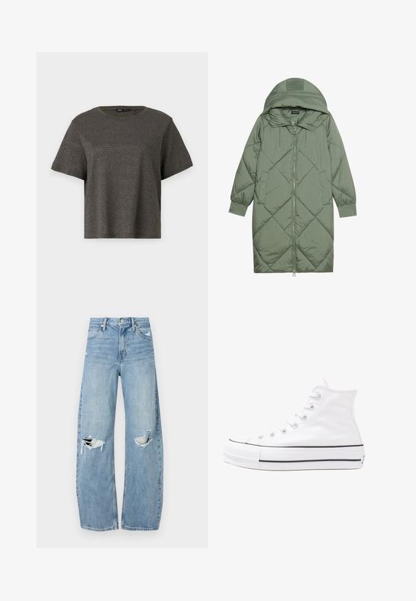 Quilted long green puffer coat with a hood, featuring a front zipper closure and two side pockets. Textured diamond pattern throughout.; Short-sleeve, dark gray T-shirt with a subtle metallic sheen, crew neck, and loose fit. Smooth texture with no visible patterns or accents.; Light blue, high-waisted jeans made of denim. Feature wide legs, two torn knee areas, and classic five-pocket styling.; White high-top canvas sneaker with black rubber sole, front rubber toe cap, and six eyelets for laces, featuring a clean, minimalist design.