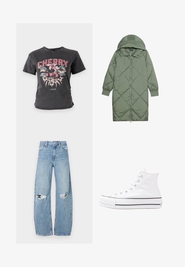 Quiltuotas ilgas žalias pūkinis paltas su kapuce, turintis priekinį užtrauktuką ir dvi šonines kišenes. Visame paviršiuje yra tekstūrinis rombų raštas.; Juodas medvilninis marškinėliai su grafikiniu vyšnių ir gėlių raštu raudona ir rožine spalvomis, kuriose žodžiai „VIŠNIŲ“ yra parašyti stambiais rašmenimis.; Šviesiai mėlynos, aukštu juosmeniu džinsai pagaminti iš džinsinio audinio. Turi plačias kojų kelnes, dvi suplėšytas kelio vietas ir klasikinį penkių kišenių dizainą.; Balti aukštakulniai drobės sportbačiai su juodu guminio pado, priekinio guminio piršto dangteliu ir šešiais akytėmis raištams, pasižymintys švariu, minimalistiniu dizainu.