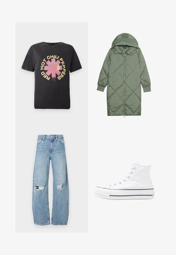 Quiltuotas ilgas žalias pūkinis paltas su kapuce, turintis priekinį užtrauktuką ir dvi šonines kišenes. Visame paviršiuje yra tekstūrinis rombų raštas.; Juoda medvilninė marškinė su centriniu spalvotu grafinu, vaizduojančiu žvaigždės logotipą, aplink kurį drąsiu geltonu tekstu užrašyta "HOT CHILI PEPPERS".; Šviesiai mėlynos, aukštu juosmeniu džinsai pagaminti iš džinsinio audinio. Turi plačias kojų kelnes, dvi suplėšytas kelio vietas ir klasikinį penkių kišenių dizainą.; Balti aukštakulniai drobės sportbačiai su juodu guminio pado, priekinio guminio piršto dangteliu ir šešiais akytėmis raištams, pasižymintys švariu, minimalistiniu dizainu.