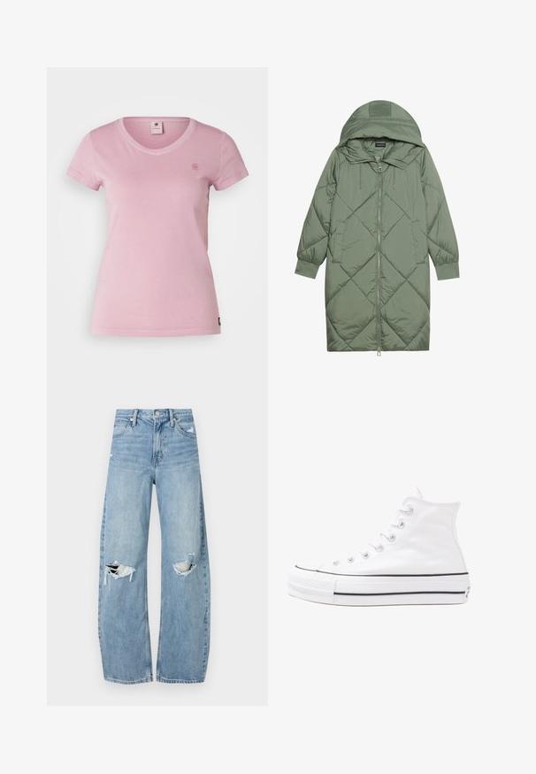 Zelený prešívaný páperový kabát s kapucňou, so zipsovým uzáverom vpredu a dvoma bočnými vreckami. Po celom povrchu je textúrovaný diamantový vzor.; G-STAR EYBEN - Základné tričko - deep ginger; Svetlomodré, vysoké džínsy vyrobené z denimu. Majú široké nohavice, dve roztrhnuté kolená a klasický päťvreckový strih.; Biele vysoké plátené tenisky s čiernou gumovou podošvou, prednou gumovou špičkou a šiestimi okami na šnúrky, s čistým, minimalistickým dizajnom.