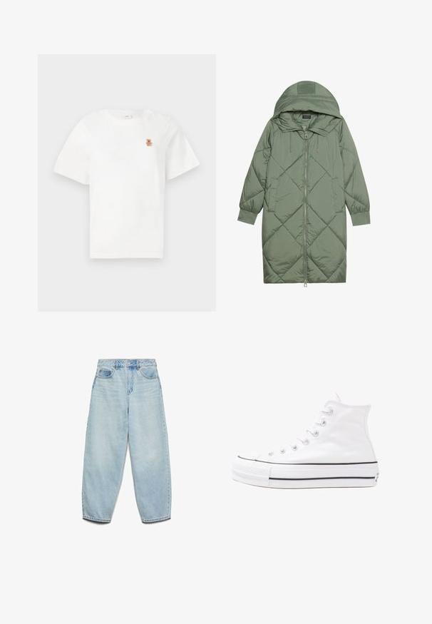Quilted long green puffer coat with a hood, featuring a front zipper closure and two side pockets. Textured diamond pattern throughout.; White short-sleeve T-shirt featuring a small brown teddy bear embroidered on the left chest area. Simple and casual design.; Light blue denim jeans featuring a relaxed fit, high waist, and wide legs with a slightly faded texture and classic five-pocket design.; White high-top canvas sneaker with black rubber sole, front rubber toe cap, and six eyelets for laces, featuring a clean, minimalist design.