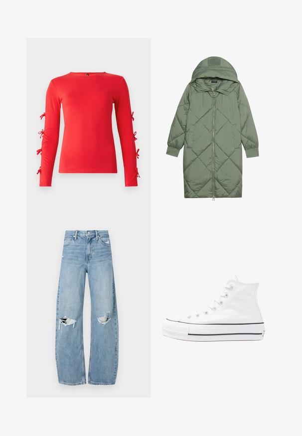 Quiltet lang grøn pufferjakke med hætte, med frontlynlås og to sidelommer. Teksturret diamantmønster over det hele.; Rød langærmet T-shirt lavet af blødt bomuld, med bindebånd på ærmerne, rund halsudskæring og en tætsiddende silhuet.; Lysblå, højtraljede jeans lavet af denim. Har brede ben, to huller ved knæene og klassisk fem-lommes stil.; Hvide høje kanvas sneakers med sort gummisål, gummitåhætte foran og seks øjehuller til snørebånd, der har et rent, minimalistisk design.