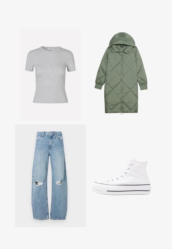 Pistetud pikk roheline puffermantel kapuutsiga, esiküljel tõmblukuga ja kahe küljetaskuga. Kogu pinnal on struktureeritud rombikujundus.; Hall põlvkonna lühikeste varrukatega t-särk hallis värvitoonis, ribakujulise tekstuuriga, ümar kaelus ja keha lähedane lõige, millel on diskreetne brändi silt.; Heledad hallideega sinised teksad, millel on kõrge talje. Teksade jalgadel on lai alus, kaks rebitud kohta põlvede ümber ning klassikaline viie tasku stiil.; Valge kõrgem kangast tenniseking, millel on must kummist tald, ees kummist varvasetugi ja kuus aukku paelte jaoks, pakkudes puhta ja minimalistliku disaini.