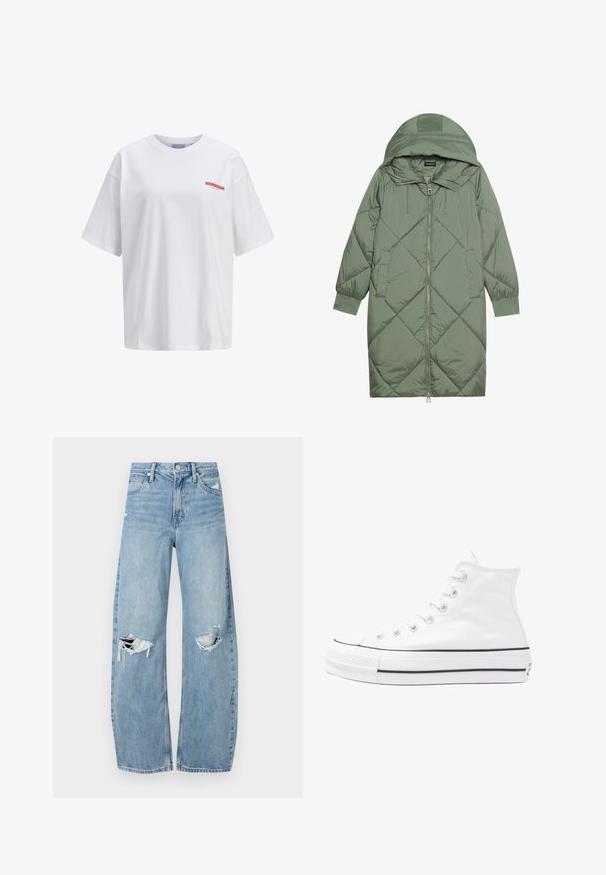 Izšūts garš zaļš pūšļa mētelis ar kapuci, ar priekšējo rāvējslēdzēju un divām sānu kabatām. Visā virsmā ir teksturēta dimanta raksts.; Balta kokvilnas T-krekls ar lielu piegriezumu, apaļu kaklu un īsām piedurknēm. Uz kreisā krūts redzams sarkans izšuvums ar tekstu "SOURDOUGH".; Gaiši zili, augstās vidukļa džinsi, kas izgatavoti no denima. Iespējas plašas kājas, divas plēstas ceļa daļas un klasiskā piecu kabatu dizains.; Balti augstie kanvas sporta apavi ar melnu gumijas zoli, priekšējo gumijas purngalu un sešām acīm lencēm, kuriem ir tīrs, minimālistisks dizains.