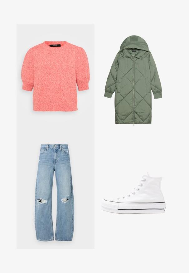 Prošívaný dlouhý zelený péřový kabát s kapucí, který má přední zip a dvě boční kapsy. Po celém povrchu je texturovaný diamantový vzor.; Svetřík s krátkým rukávem a kulatým výstřihem z texturované, světle korálové pleteniny. Polopřiléhavý střih s nabíranými rukávy a žebrovaným lemem.; Světle modré džíny s vysokým pasem vyrobené z denimu. Mají široké nohavice, dvě roztržené oblasti na kolenou a klasický pětikapsový střih.; Bílé vysoké plátěné tenisky s černou gumovou podrážkou, přední gumovou špičkou a šesti očky na tkaničky, se čistým, minimalistickým designem.