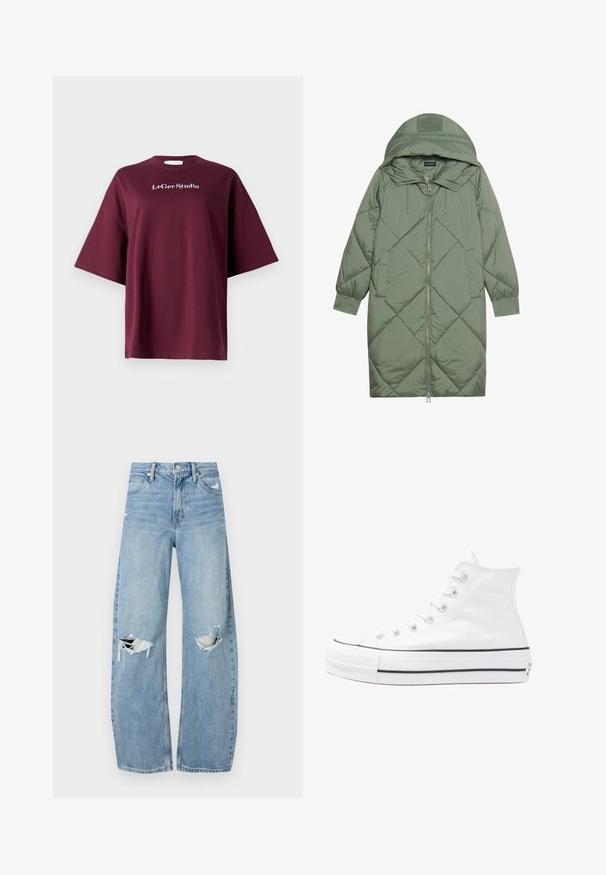 Gesteppten langer grüner Daunenmantel mit Kapuze, mit einem Reißverschluss vorne und zwei Seitentaschen. Strukturiertes Rautenmuster auf der gesamten Fläche.; Burgunderfarbenes T-Shirt mit kurzen Ärmeln aus Baumwolle in lockerer Passform. Mit weißem "LeGer Studio"-Logo auf der Brust. Glatte Textur, einfaches Design.; Helles, hochtailliertes Jeans aus Denim. Hat weit geschnittene Beine, zwei aufgerissene Kniebereiche und klassischen Fünf-Taschen-Stil.; Weiße hochwertige Leinensneaker mit schwarzer Gummisohle, vorderem Gummizehenschutz und sechs Ösen für Schnürsenkel, die ein sauberes, minimalistisches Design aufweisen.