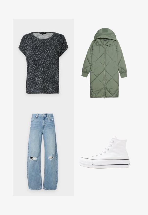 Quilted long green puffer coat with a hood, featuring a front zipper closure and two side pockets. Textured diamond pattern throughout.; Black and gray leopard print t-shirt with a relaxed fit, round neckline, and short sleeves. Made from soft, lightweight fabric.; Light blue, high-waisted jeans made of denim. Feature wide legs, two torn knee areas, and classic five-pocket styling.; White high-top canvas sneaker with black rubber sole, front rubber toe cap, and six eyelets for laces, featuring a clean, minimalist design.