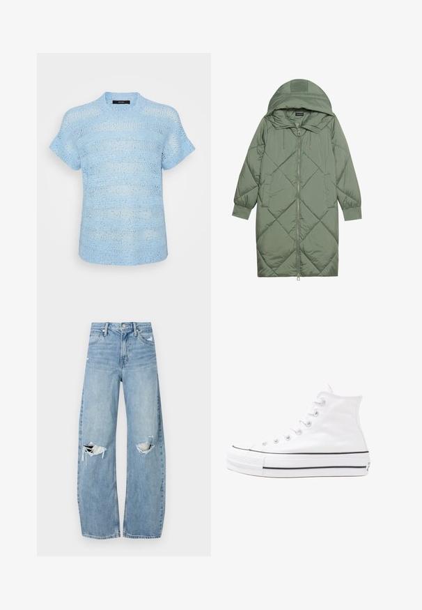 Izšūts garš zaļš pūšļa mētelis ar kapuci, ar priekšējo rāvējslēdzēju un divām sānu kabatām. Visā virsmā ir teksturēta dimanta raksts.; Zils adīts īsām piedurknēm tops ar faktūru. Viegls materiāls ar atvērtām šuvēm un atstarojošiem akcentiem visā virsmā.; Gaiši zili, augstās vidukļa džinsi, kas izgatavoti no denima. Iespējas plašas kājas, divas plēstas ceļa daļas un klasiskā piecu kabatu dizains.; Balti augstie kanvas sporta apavi ar melnu gumijas zoli, priekšējo gumijas purngalu un sešām acīm lencēm, kuriem ir tīrs, minimālistisks dizains.