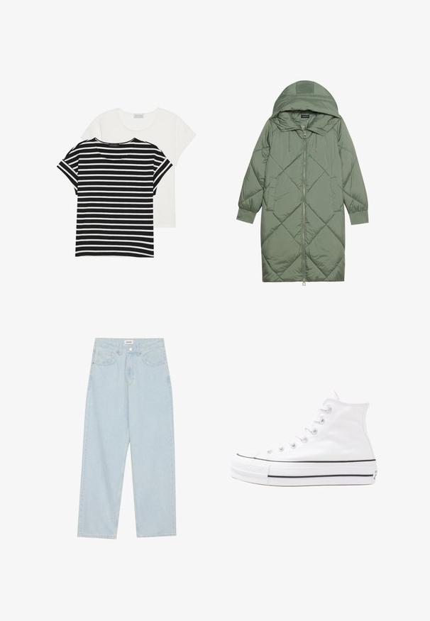 Gesteppten langer grüner Daunenmantel mit Kapuze, mit einem Reißverschluss vorne und zwei Seitentaschen. Strukturiertes Rautenmuster auf der gesamten Fläche.; Zwei T-Shirts: eines schwarz-weiß gestreift mit kurzen Ärmeln und eines einfarbig weiß, beide mit einem runden Ausschnitt und lässigem Schnitt.; Helle blaue weit geschnittene Jeans aus Denim, mit mittelhoher Taille, fünf Taschen und einem Knopfverschluss mit einem schlanken Metallelement.; Weiße hochwertige Leinensneaker mit schwarzer Gummisohle, vorderem Gummizehenschutz und sechs Ösen für Schnürsenkel, die ein sauberes, minimalistisches Design aufweisen.