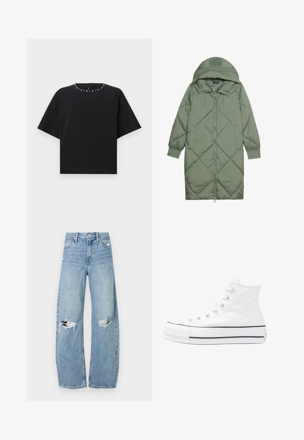 Abrigo acolchado largo verde tipo puffer con capucha, que presenta un cierre frontal con cremallera y dos bolsillos laterales. Patrón de diamantes texturizado en toda su superficie.; Camiseta negra de manga corta con cuello redondo, decorada con tachuelas plateadas y un pequeño bolsillo en el pecho. Fabricada en suave tejido de algodón.; Vaqueros de mezclilla de tiro alto en azul claro. Tienen piernas anchas, dos áreas desgastadas en las rodillas y un estilo clásico de cinco bolsillos.; Zapatilla de lona alta blanca con suela de goma negra, puntera de goma frontal y seis ojetes para los cordones, que presenta un diseño limpio y minimalista.