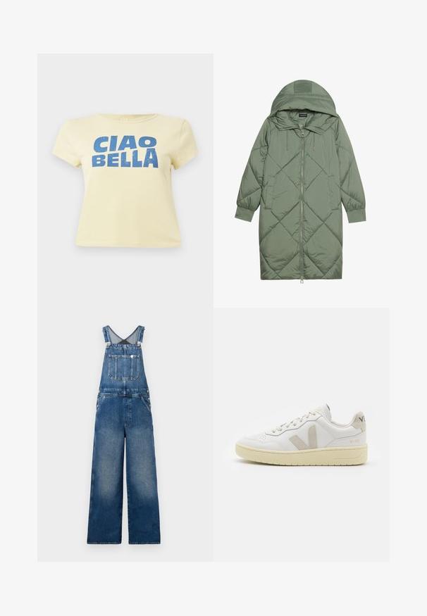 Quiltet lang grøn pufferjakke med hætte, med frontlynlås og to sidelommer. Teksturret diamantmønster over det hele.; Gul t-shirt lavet af bomuld, med et blåt grafisk tryk, der står "CIAO BELLA." Korte ærmer og rund halsudskæring.; Denim overalls med brede ben, justerbare stropper, en frontlomme og knapdetaljer på siderne. Mørkeblå med falmede accenter.; Hvide lærreds sneakers med beige ruskindsdetaljer, perforeret tåboks, flade snørebånd og en struktureret cremefarvet sål. Har diskret branding på hælen.