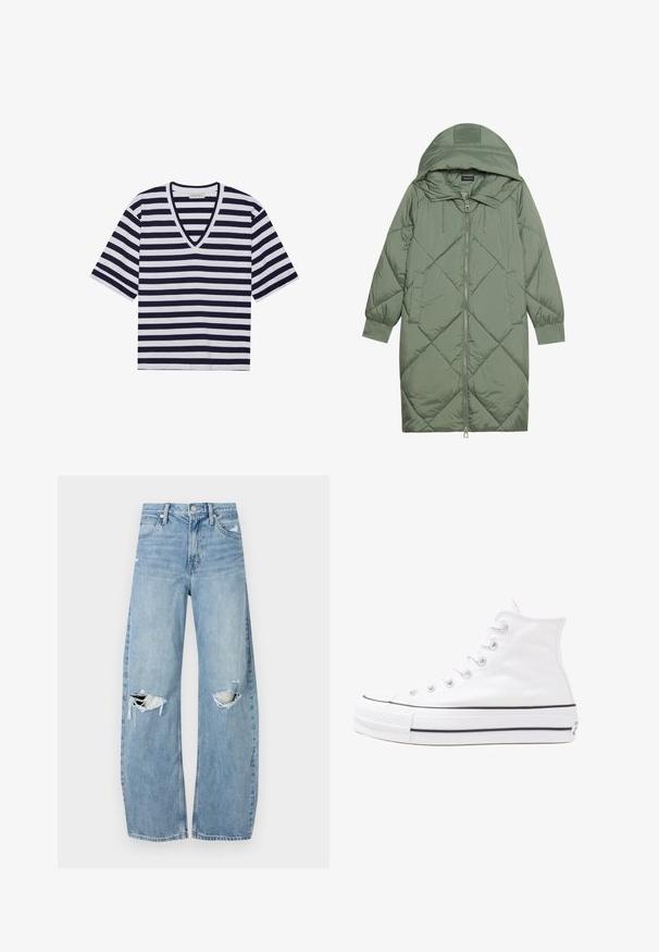Quiltet lang grøn pufferjakke med hætte, med frontlynlås og to sidelommer. Teksturret diamantmønster over det hele.; Stribet T-shirt i navy blå og hvid, med V-udskæring, korte ærmer og blødt bommateriale.; Lysblå, højtraljede jeans lavet af denim. Har brede ben, to huller ved knæene og klassisk fem-lommes stil.; Hvide høje kanvas sneakers med sort gummisål, gummitåhætte foran og seks øjehuller til snørebånd, der har et rent, minimalistisk design.