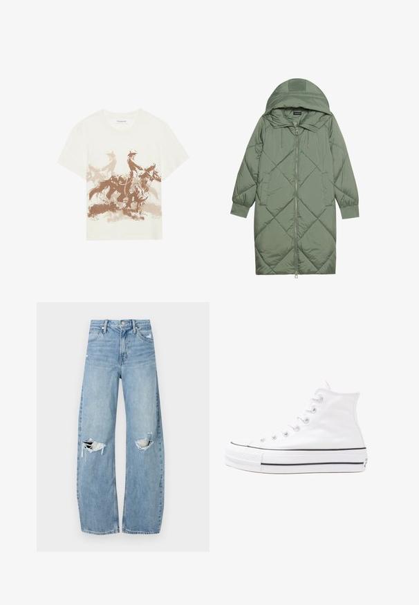 Quiltet lang grønn pufferjakke med hette, med en frontglidelås og to sidelommer. Teksturerte diamantmønster overalt.; Lys beige bomull t-skjorte med brun grafikktrykk av to hesteridende i bevegelse. Rund hals og korte ermer.; Lyseblå høytlivsjeans laget av denim. Har vide bein, to revne knær og klassisk fem-lommers design.; Hvit høy-skinn kanvas sneakers med svart gummisåle, gummitåhette foran og seks hull for snorer, med et rent, minimalistisk design.