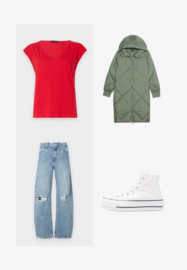 Prošívaný dlouhý zelený péřový kabát s kapucí, který má přední zip a dvě boční kapsy. Po celém povrchu je texturovaný diamantový vzor.; Červené tričko s krátkým rukávem a výstřihem do V vyrobené z měkké látky. Má uvolněný střih s hladkou texturou a čistým prošitím podél lemu.; Světle modré džíny s vysokým pasem vyrobené z denimu. Mají široké nohavice, dvě roztržené oblasti na kolenou a klasický pětikapsový střih.; Bílé vysoké plátěné tenisky s černou gumovou podrážkou, přední gumovou špičkou a šesti očky na tkaničky, se čistým, minimalistickým designem.