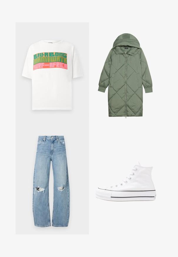 Izšūts garš zaļš pūšļa mētelis ar kapuci, ar priekšējo rāvējslēdzēju un divām sānu kabatām. Visā virsmā ir teksturēta dimanta raksts.; Balts īsām piedurknēm t-krekls ar retro bloka tekstu "BILLABONG MAMIWATA SURF AFRICA" oranžā, zaļā un rozā krāsā.; Gaiši zili, augstās vidukļa džinsi, kas izgatavoti no denima. Iespējas plašas kājas, divas plēstas ceļa daļas un klasiskā piecu kabatu dizains.; Balti augstie kanvas sporta apavi ar melnu gumijas zoli, priekšējo gumijas purngalu un sešām acīm lencēm, kuriem ir tīrs, minimālistisks dizains.