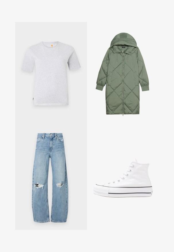 Izšūts garš zaļš pūšļa mētelis ar kapuci, ar priekšējo rāvējslēdzēju un divām sānu kabatām. Visā virsmā ir teksturēta dimanta raksts.; Pelēks īsām piedurknēm T-krekls, izgatavots no maigas džersija auduma, ar apaļu kakla izgriezumu un mazu logo uz krūtīm. Vienkāršs, minimālisma dizains.; Gaiši zili, augstās vidukļa džinsi, kas izgatavoti no denima. Iespējas plašas kājas, divas plēstas ceļa daļas un klasiskā piecu kabatu dizains.; Balti augstie kanvas sporta apavi ar melnu gumijas zoli, priekšējo gumijas purngalu un sešām acīm lencēm, kuriem ir tīrs, minimālistisks dizains.