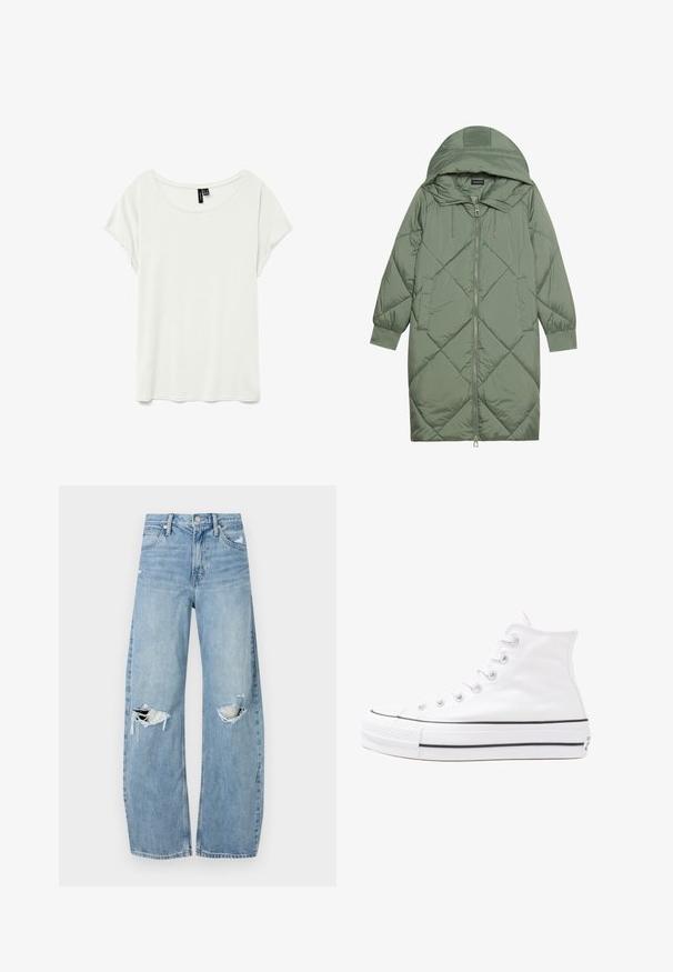 Gesteppten langer grüner Daunenmantel mit Kapuze, mit einem Reißverschluss vorne und zwei Seitentaschen. Strukturiertes Rautenmuster auf der gesamten Fläche.; Weisses T-Shirt mit kurzen Ärmeln und Rundhalsausschnitt, aus glattem, leichtem Stoff gefertigt. Es hat eine lockere Passform und keine sichtbaren Muster oder Akzente.; Helles, hochtailliertes Jeans aus Denim. Hat weit geschnittene Beine, zwei aufgerissene Kniebereiche und klassischen Fünf-Taschen-Stil.; Weiße hochwertige Leinensneaker mit schwarzer Gummisohle, vorderem Gummizehenschutz und sechs Ösen für Schnürsenkel, die ein sauberes, minimalistisches Design aufweisen.