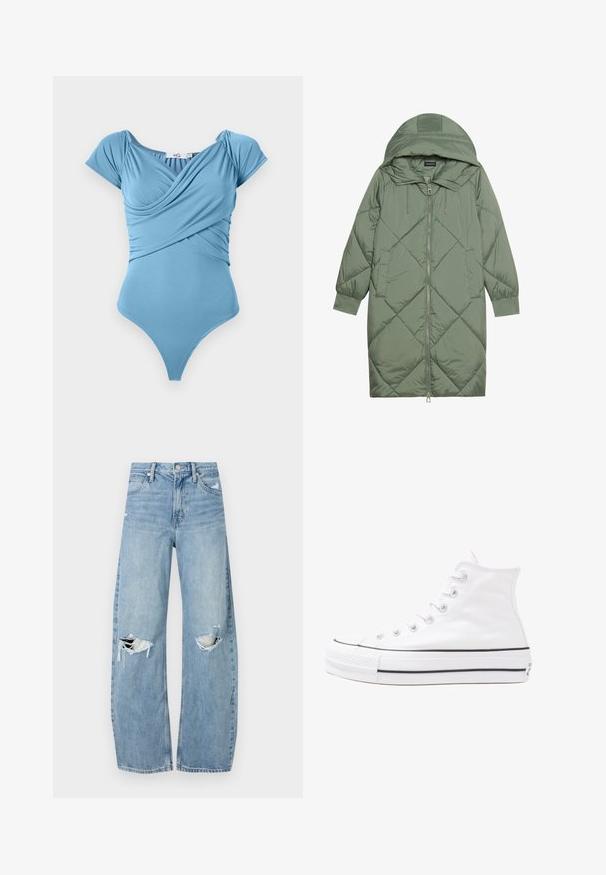 Prošívaný dlouhý zelený péřový kabát s kapucí, který má přední zip a dvě boční kapsy. Po celém povrchu je texturovaný diamantový vzor.; Modré jednodílné plavky s nařaseným živůtkem a rukávy do kapuce, vyrobené z hladkého materiálu. Vysoké výkroky na nohách a design s vykrojenými zády.; Světle modré džíny s vysokým pasem vyrobené z denimu. Mají široké nohavice, dvě roztržené oblasti na kolenou a klasický pětikapsový střih.; Bílé vysoké plátěné tenisky s černou gumovou podrážkou, přední gumovou špičkou a šesti očky na tkaničky, se čistým, minimalistickým designem.