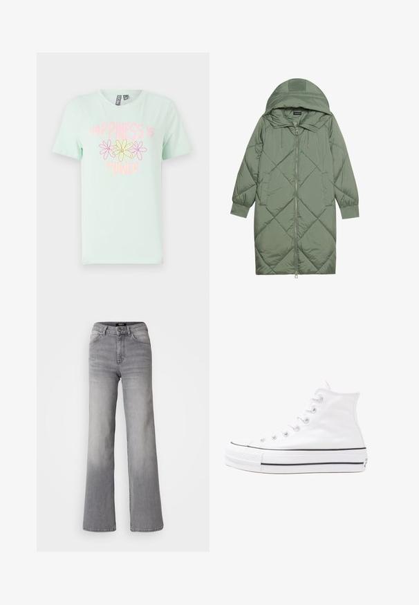 Vadderad lång grön pufferjacka med huva, med en framsidan dragkedjestängning och två sidofickor. Strukturerad diamantmönster över hela plagget.; Mintgrön bomulls t-shirt med korta ärmar, med en grafisk design av gula och rosa blommor samt texten "Happiness is Power."; Högmidjade raka grå denimjeans med framknapp och dragkedja, fram- och bakfickor samt urtvättad nyans på låren och vristerna.; Vit hög topp canvas sneaker med svart gummisulan, framsidan gummitåhätta och sex öglor för snören, med en ren, minimalistisk design.