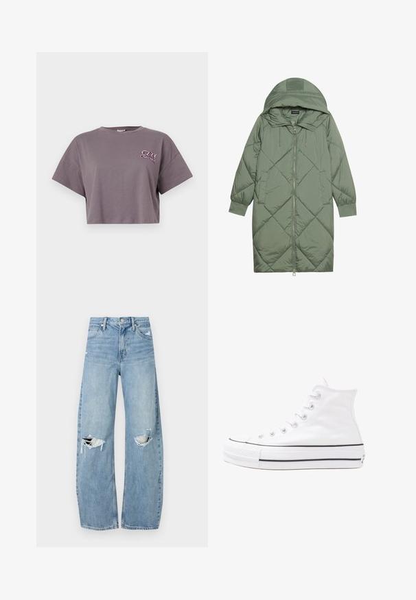 Zelený prešívaný páperový kabát s kapucňou, so zipsovým uzáverom vpredu a dvoma bočnými vreckami. Po celom povrchu je textúrovaný diamantový vzor.; Ostrihané šedé tričko vyrobené z bavlny. Obsahuje okrúhly výstrih a kratšie rukávy. Na prednej ľavej strane sa nachádza farebný nápis "OZZY OSBOURNE".; Svetlomodré, vysoké džínsy vyrobené z denimu. Majú široké nohavice, dve roztrhnuté kolená a klasický päťvreckový strih.; Biele vysoké plátené tenisky s čiernou gumovou podošvou, prednou gumovou špičkou a šiestimi okami na šnúrky, s čistým, minimalistickým dizajnom.