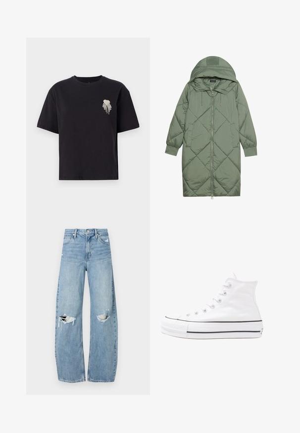 Quiltet lang grøn pufferjakke med hætte, med frontlynlås og to sidelommer. Teksturret diamantmønster over det hele.; Sort bomulds T-shirt med rund hals og korte ærmer, prydet med et lille hjerte design glimrende med rhinsten på venstre bryst.; Lysblå, højtraljede jeans lavet af denim. Har brede ben, to huller ved knæene og klassisk fem-lommes stil.; Hvide høje kanvas sneakers med sort gummisål, gummitåhætte foran og seks øjehuller til snørebånd, der har et rent, minimalistisk design.