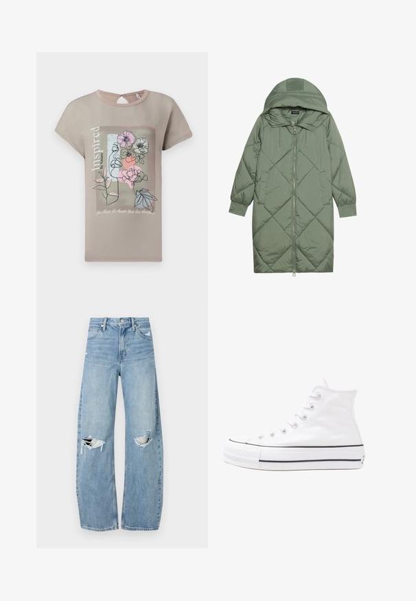 Manteau matelassé long vert avec capuche, doté d'une fermeture éclair à l'avant et de deux poches latérales. Motif en losanges texturé sur toute sa surface.; T-shirt taupe à manches courtes avec un design artistique floral en ligne et du texte. Détail au dos en forme de clé et texture de tissu douce. Ajustement léger et décontracté.; Jeans en denim bleu clair à taille haute. Présentent des jambes larges, deux zones déchirées aux genoux et un style classique à cinq poches.; Baskets montantes en toile blanche avec semelle en caoutchouc noir, capuchon en caoutchouc à l'avant, et six œillets pour les lacets, présentant un design épuré et minimaliste.