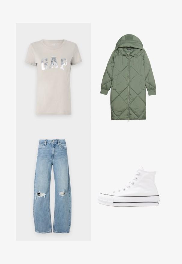 Quiltuotas ilgas žalias pūkinis paltas su kapuce, turintis priekinį užtrauktuką ir dvi šonines kišenes. Visame paviršiuje yra tekstūrinis rombų raštas.; Šviesiai pilka medvilninė marškinėliai su atspindinčiu sidabro "GAP" logotipu. Klasikinis apvalus kaklo dizainas, trumpomis rankovėmis ir minkšta textura.; Šviesiai mėlynos, aukštu juosmeniu džinsai pagaminti iš džinsinio audinio. Turi plačias kojų kelnes, dvi suplėšytas kelio vietas ir klasikinį penkių kišenių dizainą.; Balti aukštakulniai drobės sportbačiai su juodu guminio pado, priekinio guminio piršto dangteliu ir šešiais akytėmis raištams, pasižymintys švariu, minimalistiniu dizainu.