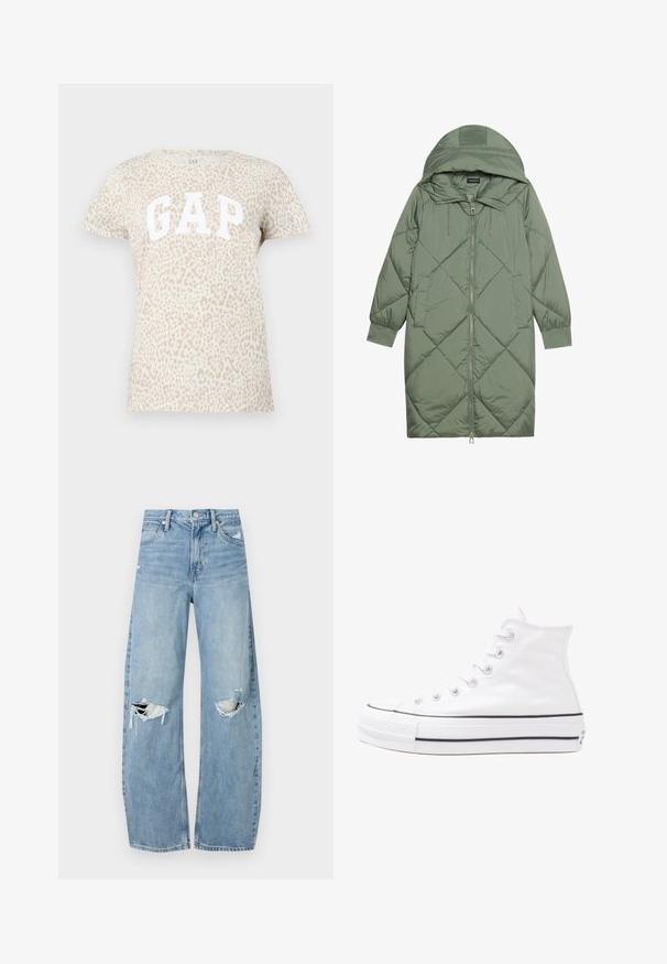 Abrigo acolchado largo verde tipo puffer con capucha, que presenta un cierre frontal con cremallera y dos bolsillos laterales. Patrón de diamantes texturizado en toda su superficie.; Camiseta beige con un estampado de leopardo y el logo "GAP" en letras grandes blancas en la parte delantera. Mangas cortas y escote redondo.; Vaqueros de mezclilla de tiro alto en azul claro. Tienen piernas anchas, dos áreas desgastadas en las rodillas y un estilo clásico de cinco bolsillos.; Zapatilla de lona alta blanca con suela de goma negra, puntera de goma frontal y seis ojetes para los cordones, que presenta un diseño limpio y minimalista.