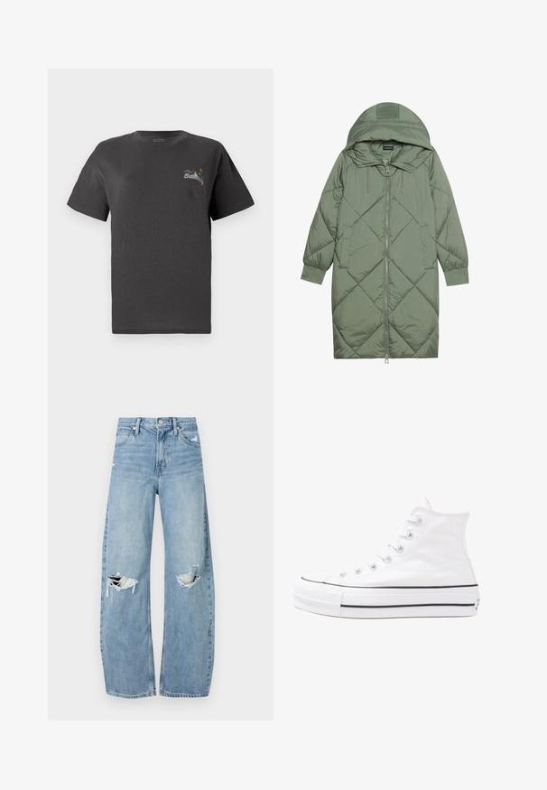 Pistetud pikk roheline puffermantel kapuutsiga, esiküljel tõmblukuga ja kahe küljetaskuga. Kogu pinnal on struktureeritud rombikujundus.; Hall grey puuvillane T-särk lühikeste varrukatega. Rinnal on väike mitmevärviline tikand, millel on tekst "Billing." Klassikaline lõige.; Heledad hallideega sinised teksad, millel on kõrge talje. Teksade jalgadel on lai alus, kaks rebitud kohta põlvede ümber ning klassikaline viie tasku stiil.; Valge kõrgem kangast tenniseking, millel on must kummist tald, ees kummist varvasetugi ja kuus aukku paelte jaoks, pakkudes puhta ja minimalistliku disaini.