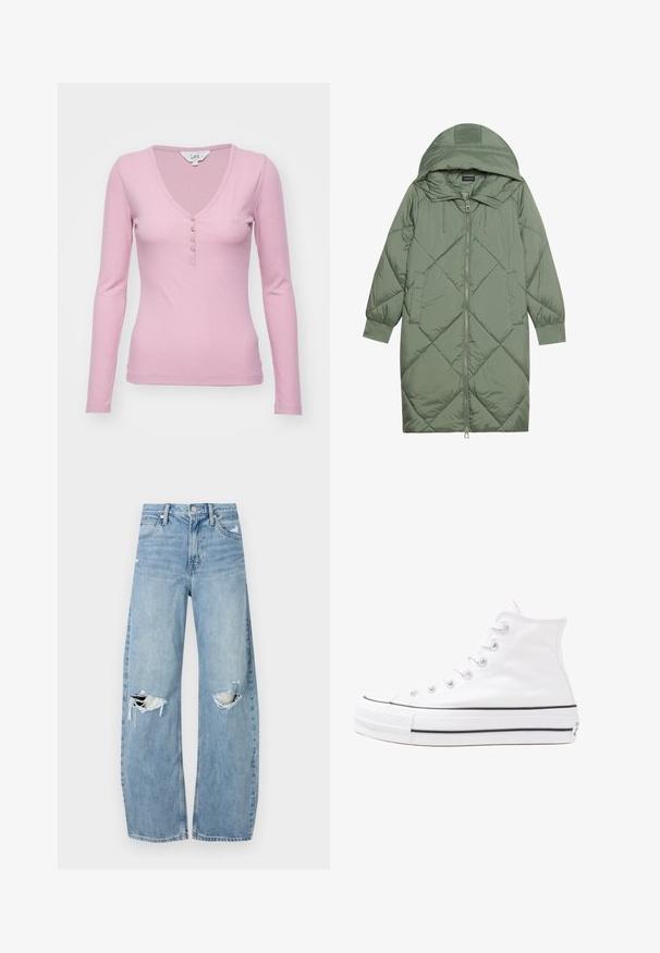 Quilted long green puffer coat with a hood, featuring a front zipper closure and two side pockets. Textured diamond pattern throughout.; Long-sleeve, ribbed pink top with a V-neckline, featuring five-button placket and small embroidered logo on the chest.; Light blue, high-waisted jeans made of denim. Feature wide legs, two torn knee areas, and classic five-pocket styling.; White high-top canvas sneaker with black rubber sole, front rubber toe cap, and six eyelets for laces, featuring a clean, minimalist design.