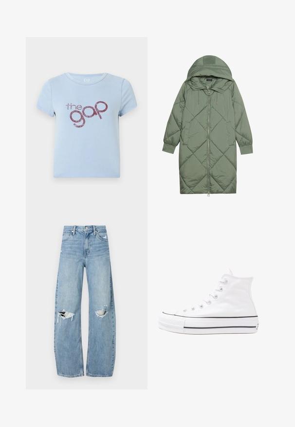 Pistetud pikk roheline puffermantel kapuutsiga, esiküljel tõmblukuga ja kahe küljetaskuga. Kogu pinnal on struktureeritud rombikujundus.; Helesin sinine puuvillane t-särk ümarate kaeluste ja lühikeste varrukatega. Omab läikivat burguunipunast logo teksti "the gap" mängulises fondis.; Heledad hallideega sinised teksad, millel on kõrge talje. Teksade jalgadel on lai alus, kaks rebitud kohta põlvede ümber ning klassikaline viie tasku stiil.; Valge kõrgem kangast tenniseking, millel on must kummist tald, ees kummist varvasetugi ja kuus aukku paelte jaoks, pakkudes puhta ja minimalistliku disaini.