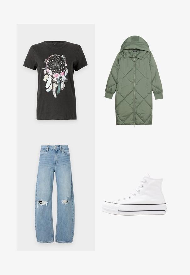 Quiltet lang grøn pufferjakke med hætte, med frontlynlås og to sidelommer. Teksturret diamantmønster over det hele.; Sort bomulds T-shirt med et cirkulært drømmefangerdesign med blomsterdetaljer, fjer og detaljeret linjearbejde i pastelfarver.; Lysblå, højtraljede jeans lavet af denim. Har brede ben, to huller ved knæene og klassisk fem-lommes stil.; Hvide høje kanvas sneakers med sort gummisål, gummitåhætte foran og seks øjehuller til snørebånd, der har et rent, minimalistisk design.